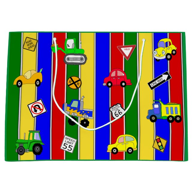 Cars, Trucks and Tractors Boy's Birthday Large Gift Bag (Front)