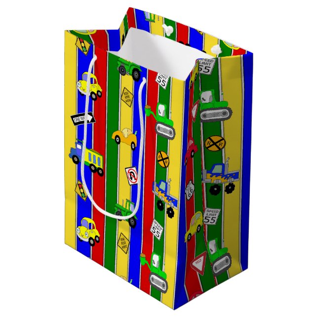 Cars, Trucks and Tractors Boy's Birthday Medium Gift Bag (Front Angled)