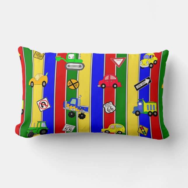 Cars, Trucks and Traffic Signs Red, Blue, Yellow, Lumbar Cushion (Front)