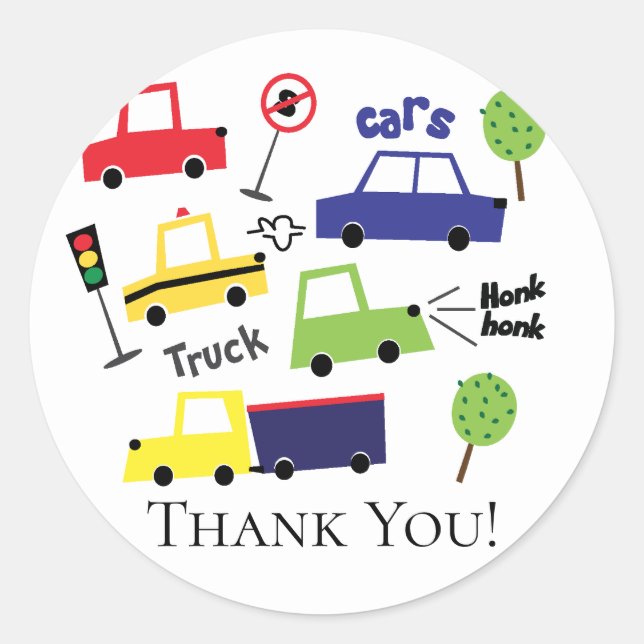 Cars & Trucks Baby Shower Thank You Favour Sticker (Front)