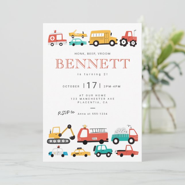 Cars & Trucks City Transportation Birthday Party Invitation (Standing Front)