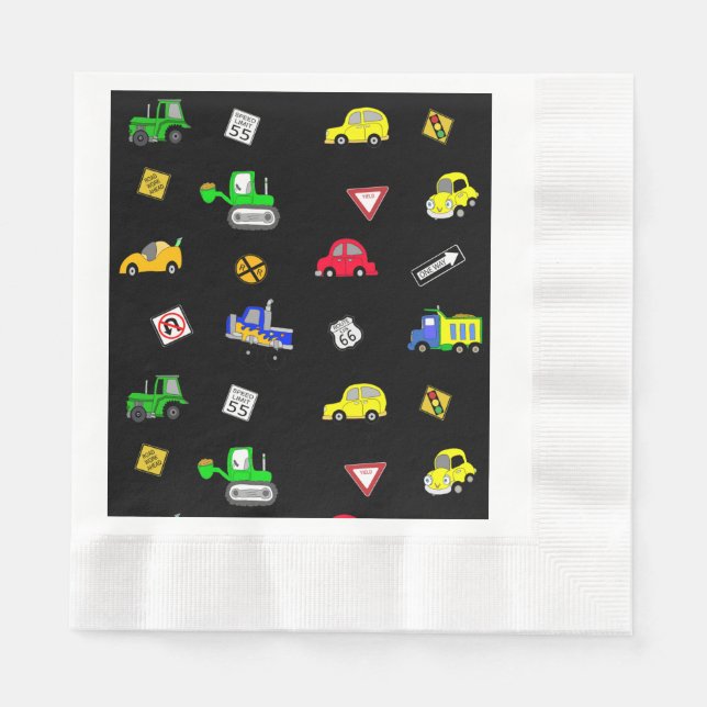 Cars, Trucks, Traffic Signs Boy's Birthday Party Napkin (Front)