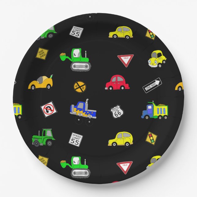 Cars, Trucks, Traffic Signs Boy's Birthday Party Paper Plate (Front)