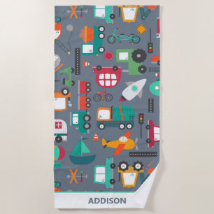 Cars Trucks Vehicles Kids Pattern Personalised Beach Towel