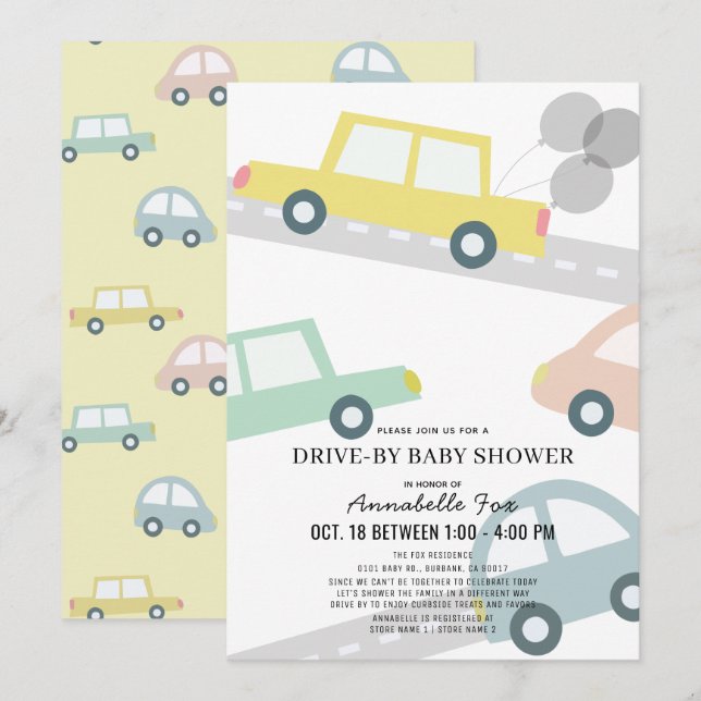 Cars with Balloons Yellow Drive-by Baby Shower Invitation (Front/Back)