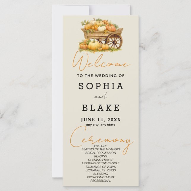 Cart of Pumpkins Fall Ash White Wedding Program (Front)