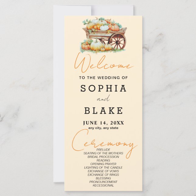 Cart of Pumpkins Fall Light Orange Wedding Program (Front)
