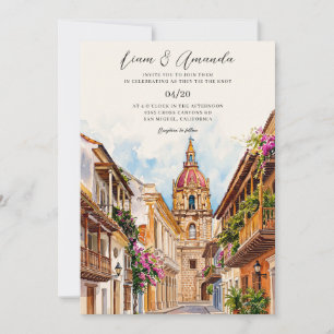 Cartagena Colombia Skyline Watercolor Wedding Invitation