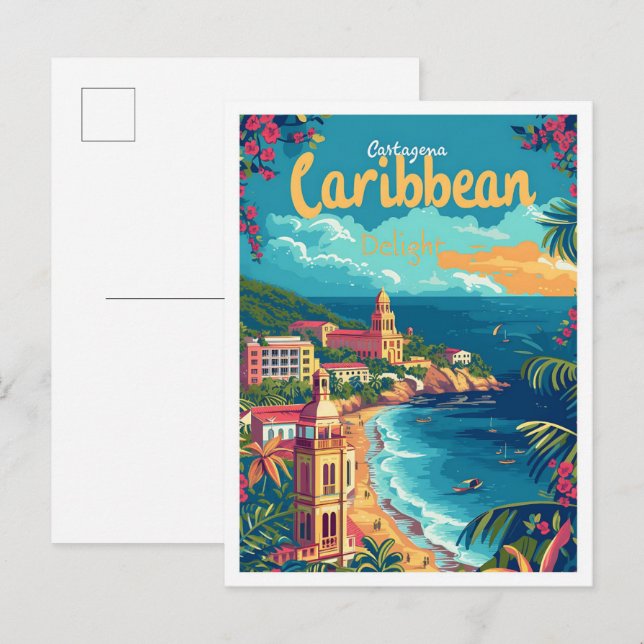 Cartagena Colombia Vintage Art Travel Illustration Postcard (Front/Back)