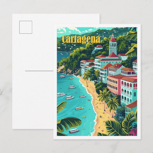 Cartagena Colombia Vintage Art Travel Illustration Postcard (Front/Back)