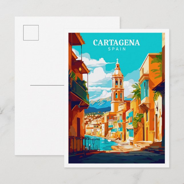 Cartagena Spain Vintage Art Travel Illustration Postcard (Front/Back)