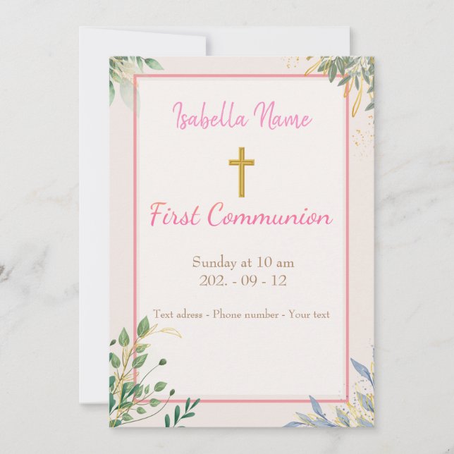 Carte fleurie Croix dorée sobre Invitation (Front)