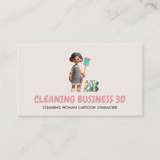 Cartoon 3D Clay Plastic Woman Cleaning Character Business Card (Front)