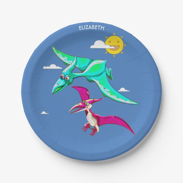 Cartoon Abstract Dinosaurs Known As Pterodactyl Paper Plate (Front)