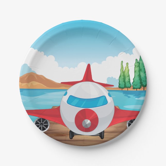 Cartoon Aeroplane on Lake Dock Fun Travel Adventur Paper Plate (Front)