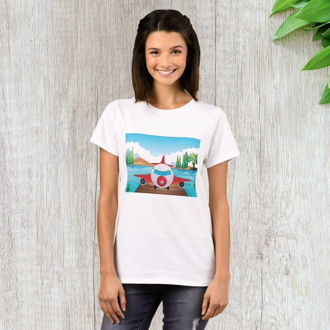 Cartoon Aeroplane on Lake Dock Fun Travel Adventur T-Shirt (Creator Uploaded)