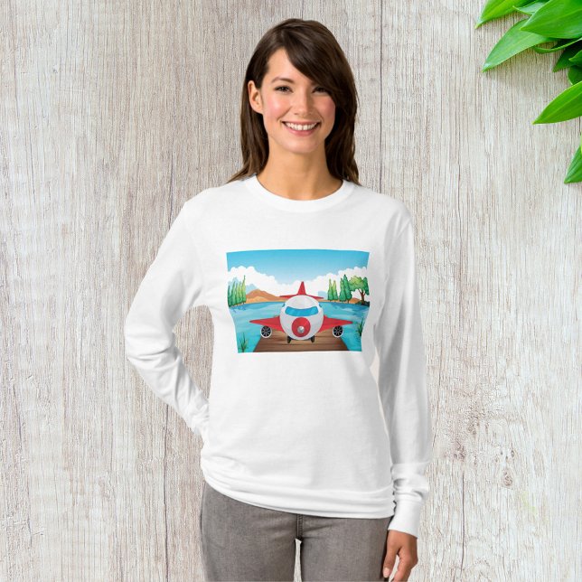 Cartoon Aeroplane on Lake Dock Fun Travel Adventur T-Shirt (Creator Uploaded)