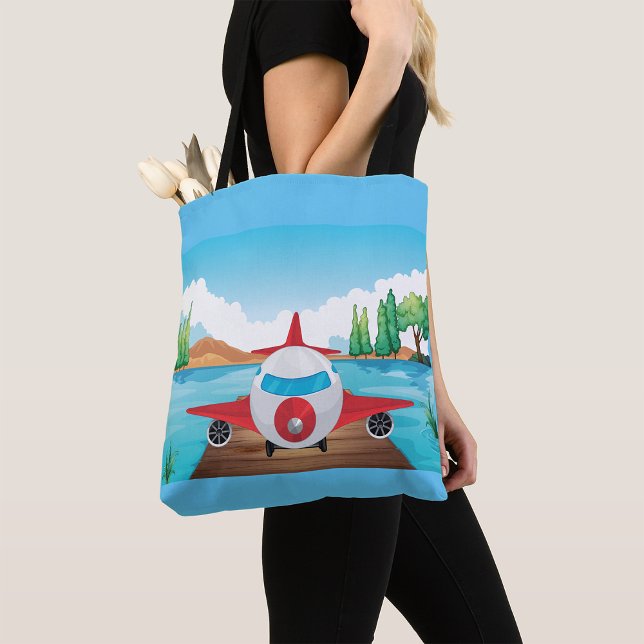 Cartoon Aeroplane on Lake Dock Fun Travel Adventur Tote Bag (Creator Uploaded)