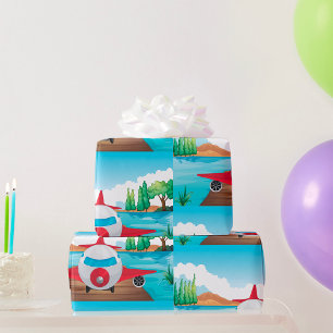Cartoon Aeroplane on Lake Dock Fun Travel Adventur Wrapping Paper
