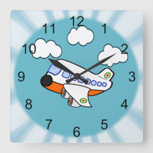 Cartoon Aeroplane Square Wall Clock
