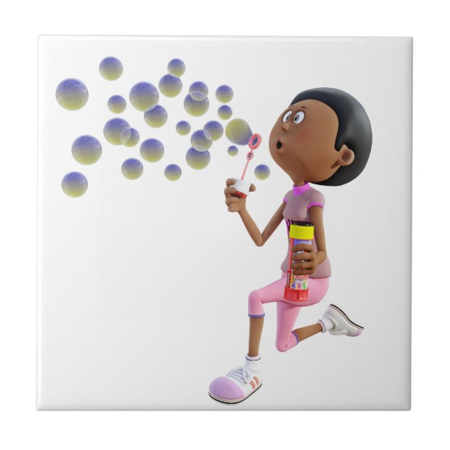 Cartoon African American Girl Blowing Bubbles Tile (Front)
