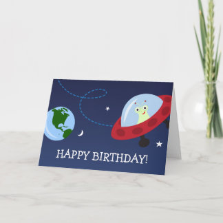 Cartoon alien with spaceship Happy Birthday card