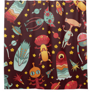 Cartoon aliens vintage seamless pattern. shower curtain