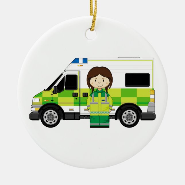 Cartoon Ambulance and EMT Ceramic Tree Decoration (Front)