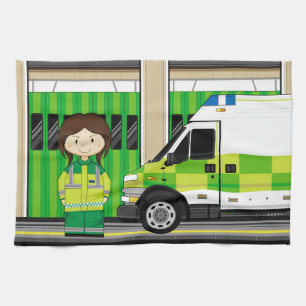 Cartoon Ambulance and EMT Tea Towel