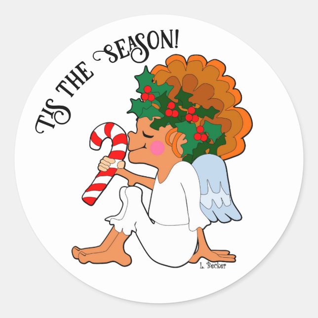 Cartoon Angel With Candy Cane Sticker (Front)