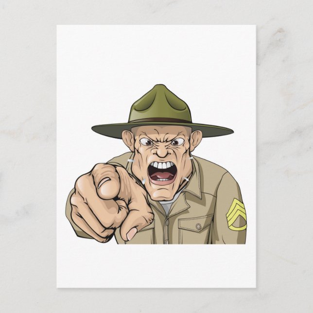 Cartoon angry army drill sergeant shouting postcard (Front)