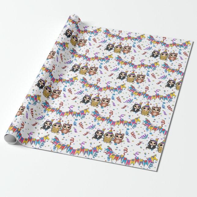 Cartoon Animal Birthday Wrapping Paper | Cute Gift (Unrolled)