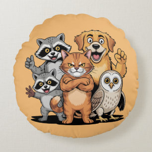 Cartoon Animal Friends Team Illustration Round Cushion