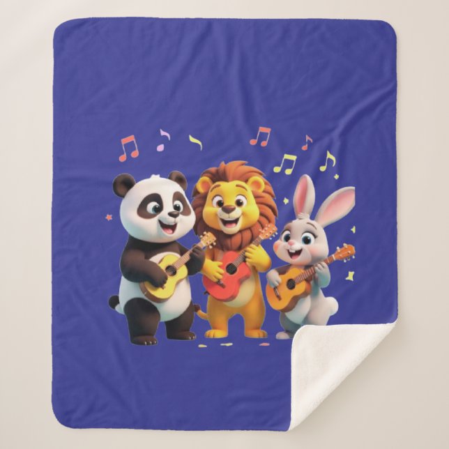 🎵 Cartoon Animal Music Party – Fun & Cute Musical Sherpa Blanket (Front)