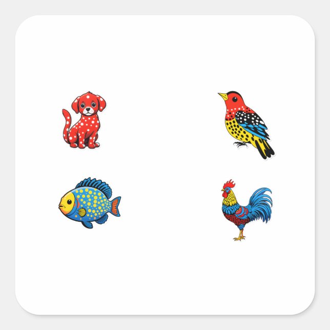 Cartoon Animals 4 Pack Dot Polka Style Square Sticker (Front)