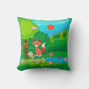 Cartoon Animals Around a Pond in Green Landscape Cushion