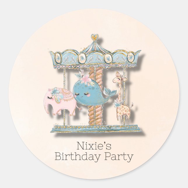 Cartoon Animals Carousel Birthday Party Classic Round Sticker (Front)