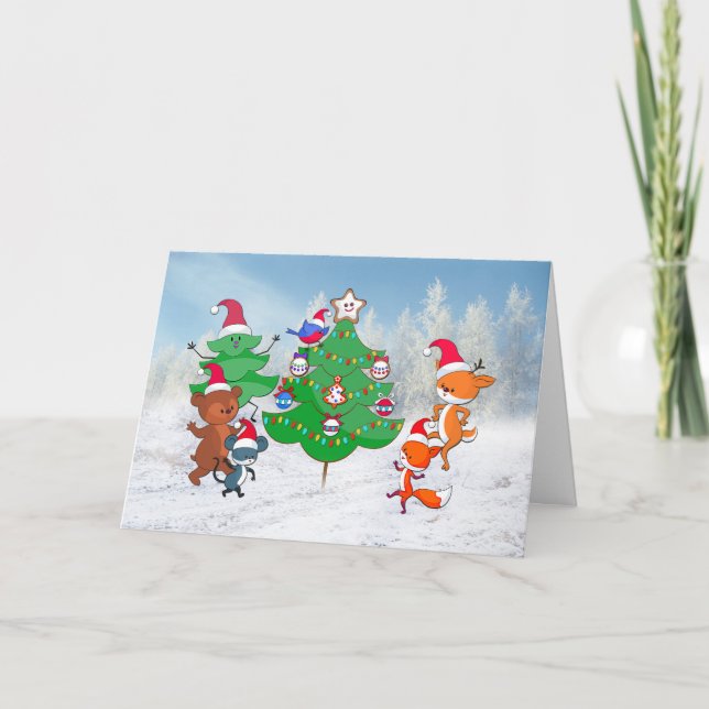 Cartoon Animals Dancing Around the Christmas Tree Holiday Card (Front)