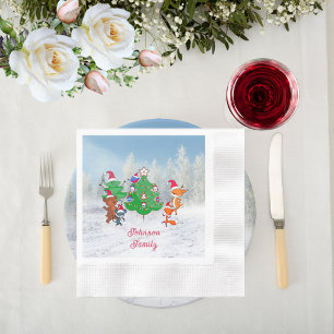Cartoon Animals Dancing Around the Christmas Tree Napkin