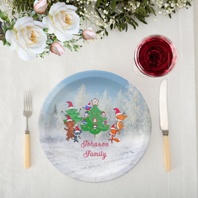 Cartoon Animals Dancing Around the Christmas Tree Paper Plate (Cartoon Animals Dancing Around the Christmas Tree Paper Plates)