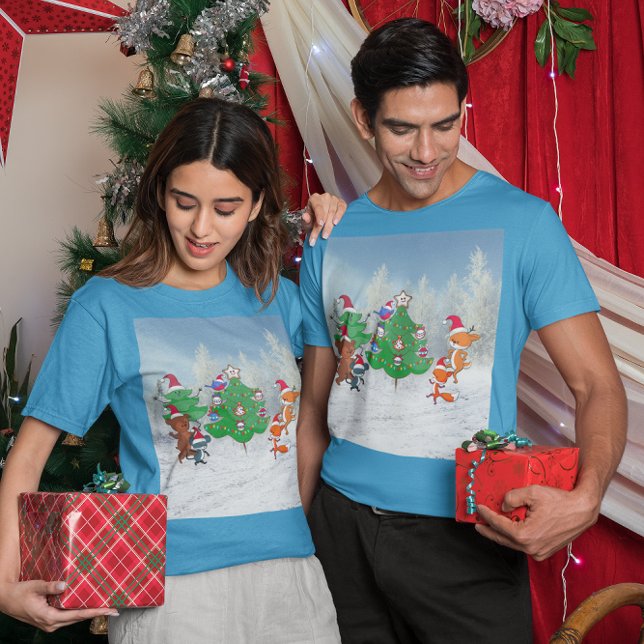 Cartoon Animals Dancing By Christmas Tree Unisex  T-Shirt (Cartoon Animals Dancing By Christmas Tree Unisex T-Shirt)