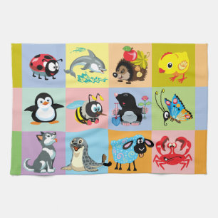 cartoon animals for kids tea towel