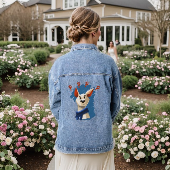 Cartoon asking dog on blue background denim jacket (Wedding Back)