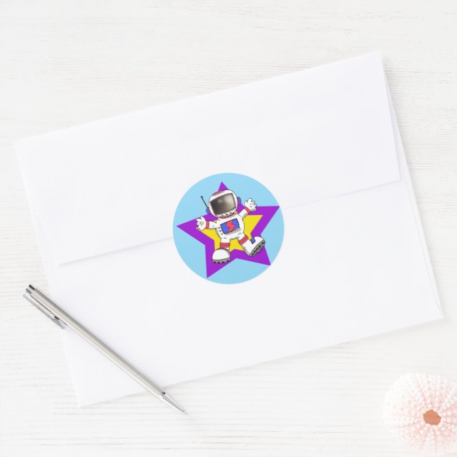 Cartoon Astronaut in Star Design Classic Round Sticker (Envelope)