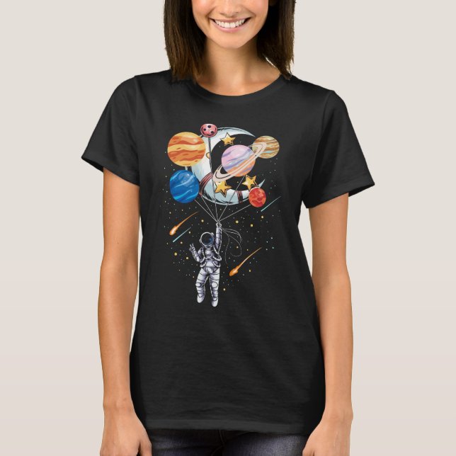 Cartoon Astronaut Space Balloon Planets T-Shirt (Front)