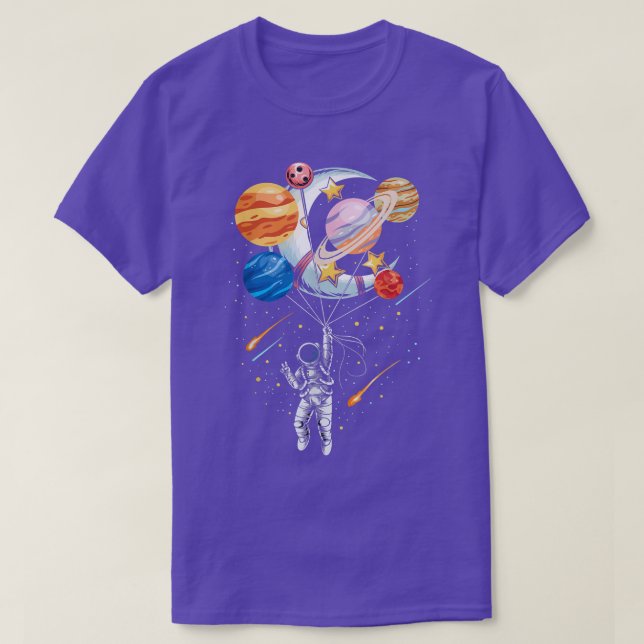 Cartoon Astronaut Space Balloon Planets T-Shirt (Design Front)
