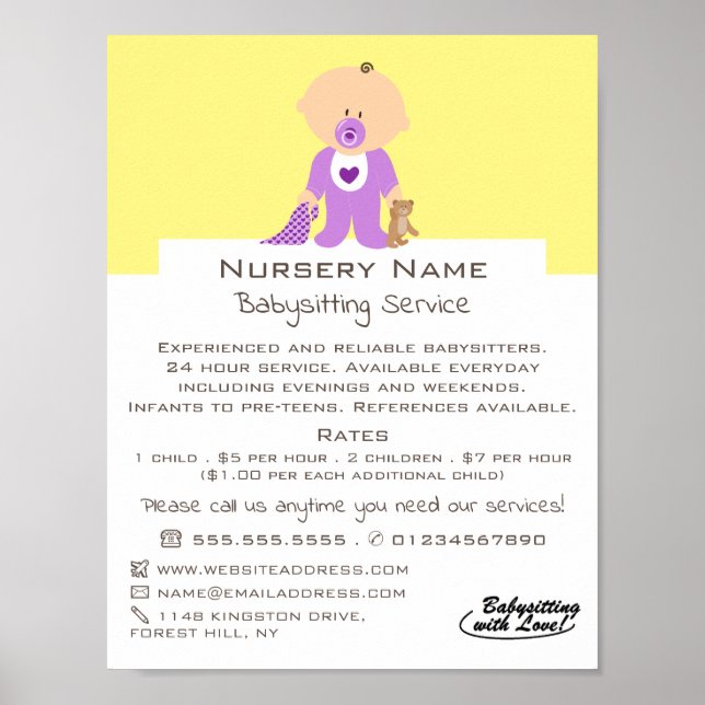 Cartoon Baby & Bear, Babysitter, Daycare, Nursery Poster (Front)