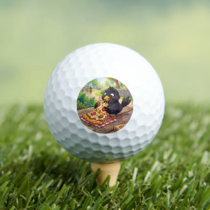 Cartoon Baby Blackbird Crow Raven Eating Pizza Golf Balls