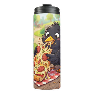 Cartoon Baby Blackbird Crow Raven Eating Pizza Thermal Tumbler