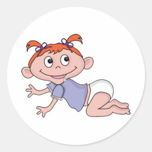 Cartoon Baby Girl Crawling Red Hair Purple Bows Classic Round Sticker